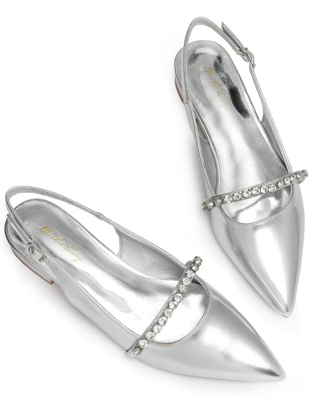 Women's Sliver Leather Slingback Flat Rhinestone Closed Pointed Toe Dressy Shoes